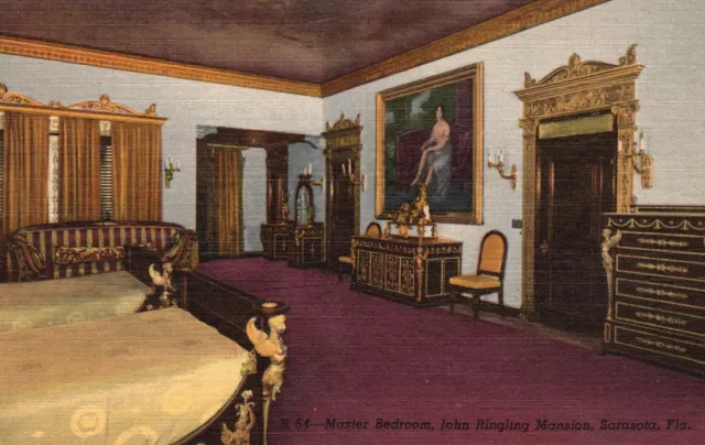 Vintage Postcard 1930's Master Bedroom John Ringling Mansion Sarasota Florida FL