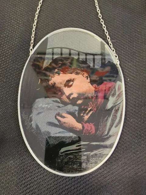 Unique Vintage Oval Stained Glass Style Sun Catcher Sleeping Girl Glass 8 x 5.5