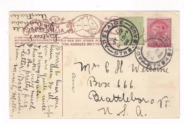 1908 Adelaide South Australia PPC to Brattleboro Vermont Torrens Lake View