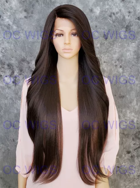 Extra Long Full Straight Heat OK Lace Front Human Hair Blend Wig Dark Brown EVFA