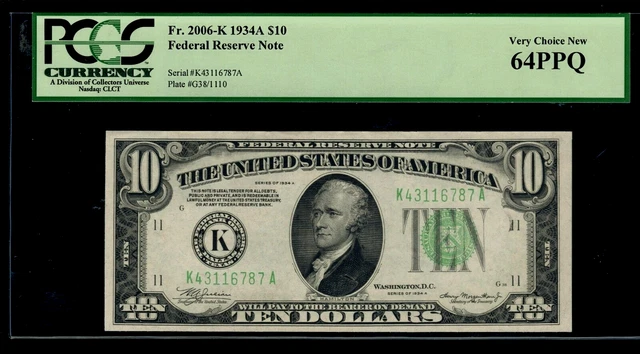 $10 - 1934A - FR-2006-K - Federal Reserve Note - PCGS-C 64 Ch UNC PPQ - Dallas