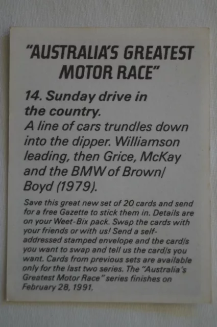 Australia's Greatest Motor Race Vintage 1990 Weet-Bix Card Country Sunday Drive 2