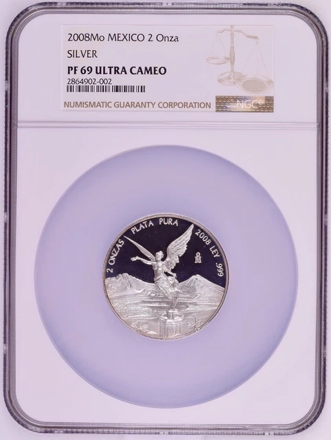 Mexico LIBERTAD 2 oz Silver 2008 PROOF -NGC PF69- RARE! Mintage Only:1,000
