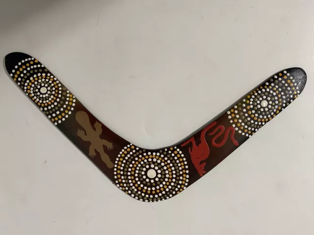 Australian Bulku Boomerang Hand Painted Dots, Lizard, Kangaroo, Snake