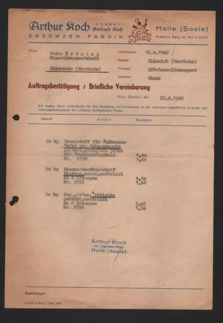 HALLE/SAALE, Rechnung 1962, Essenzfabrik Arthur Koch Essenzen Fabrik