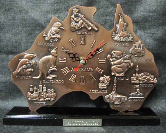 VINTAGE AUSTRALIAN DESKTOP Clock Copper Map Cities Kangaroo Koala ...