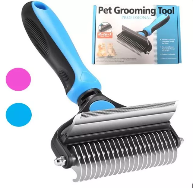 2 In 1 Pet Grooming Brush Stainless Steel Comb Rake Dog Cat Fur Dematting Deshed