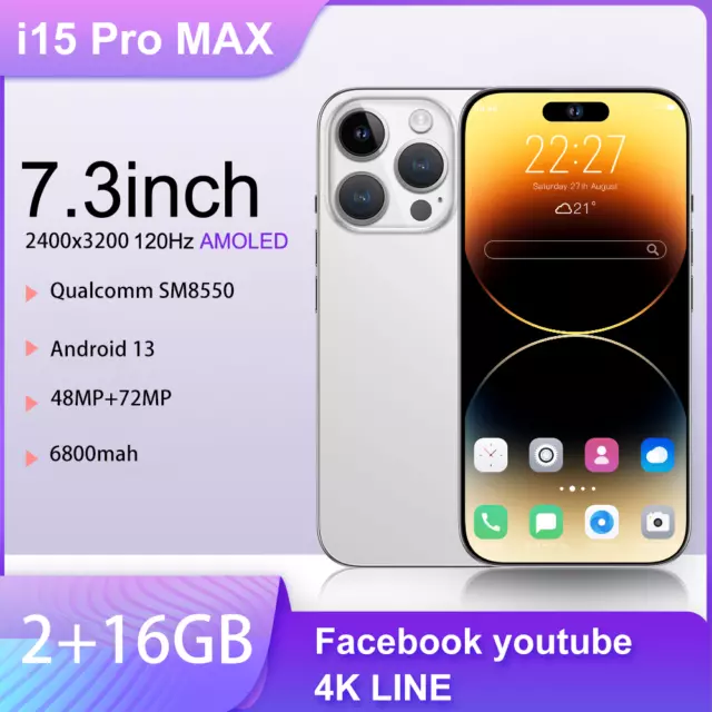 i15Pro Max 5G Smartphone 7.3" Factory Unlocked Android 13 Mobile Phones 2GB+16GB