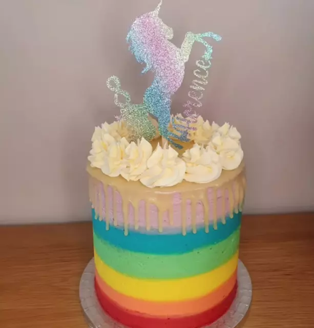 Unicorn Cake Topper Rainbow Glitter Any Name Any Age Unicorn FREE UK P&P
