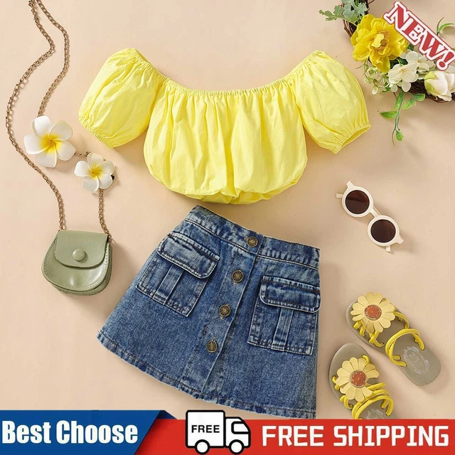 Toddler Girls Summer Outfit Off Shoulder 2pcs Jeans Skirt Set Children Clothing