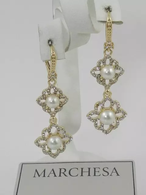 MARCHESA Gold-Tone Pavé & Imitation Pearl Flower Double Drop Earrings