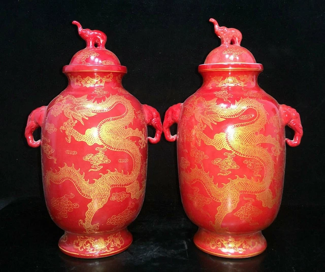 11.2&amp; ROTES GLASUR Porzellan vergoldet Drachen Elefant Flaschentopf ...