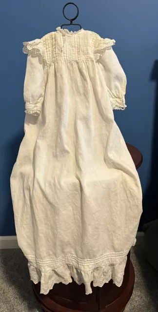 Antique Old Victorian Christening Baptismal Ivory Long Baby Gown Dress Eyelet