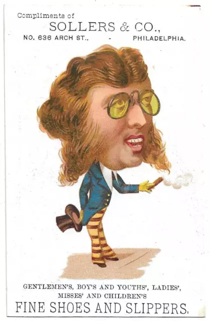 Victorian Caricature trade card  Foppish Oscar Wilde smoking cigar  Sollers Shoe
