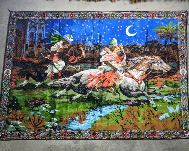 Vintage Lebanese Velvet Tapestry Arabian Nights Abduction 55" x 39"