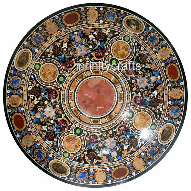 70 INCHES ROUND Black Marble Dining Table Top Marquetry Art Office