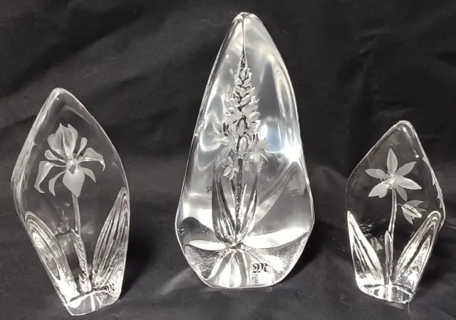 Set of 3 MATS JONASSON Sweden Etched Art Glass Flower Paperweights 4" to 6.25"