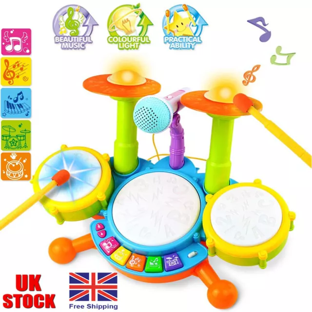 Kids Electronic Drum Kit Play Set Baby Musical Toy Instrument w/ Microphone Gift