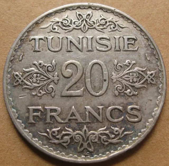 Circa 1934-1935 Tunisie 20 Francs Silver Coin - EF Condition - North Africa