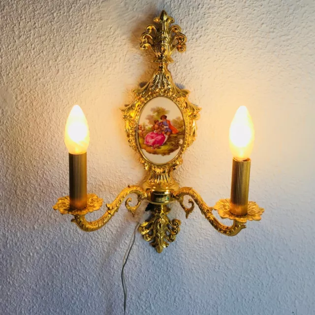 Antique, 2 Light Cast Brass Wall Sconce, Limoges Sevres Style, Porcelain Plate
