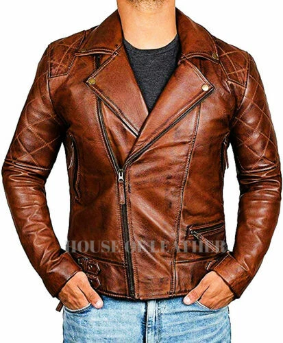 Mens Biker Motorcycle Vintage Distressed Cafe Racer Brown Real Leather Jacket