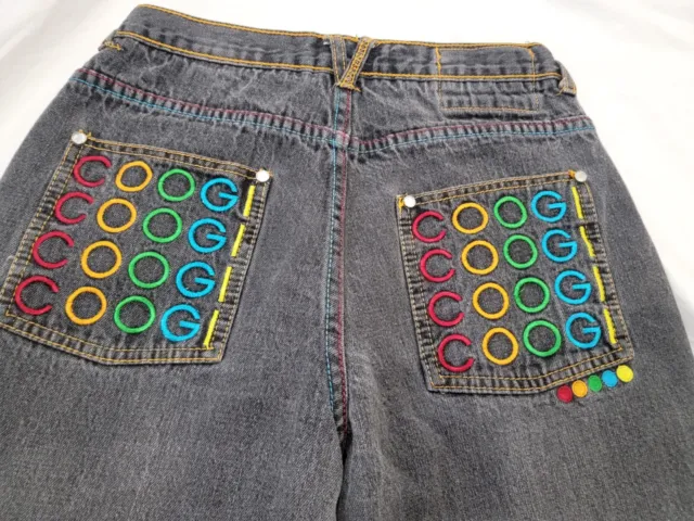 COOGI Boys Loose Fit or Womens Jeans Embroidered Rainbow Logo Sz 16, 28" waist