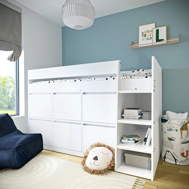 SINGLE MID SLEEPER Cabin Bed White Wood with 6 Drawers and Ladder