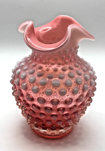 FENTON CRANBERRY OPALESCENT Hobnail Vase Ruffled Rim Art