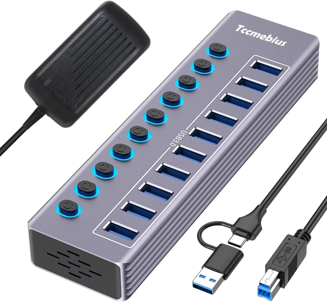 HUB USB 7 Porte Con Caricatore Da Parete 5V - Stazione Di Ricarica Desktop Con LED - Nero