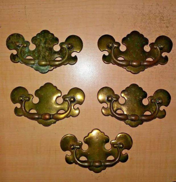 5 Vintage Drawer Cabinet Pulls Taiwan Handles Antique Brass Finish 4.5" x2.5"