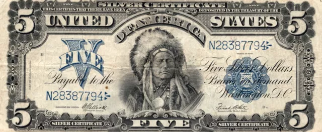 1899 - Large Five Dollars $5 Indian Chief Silver Certificate Note