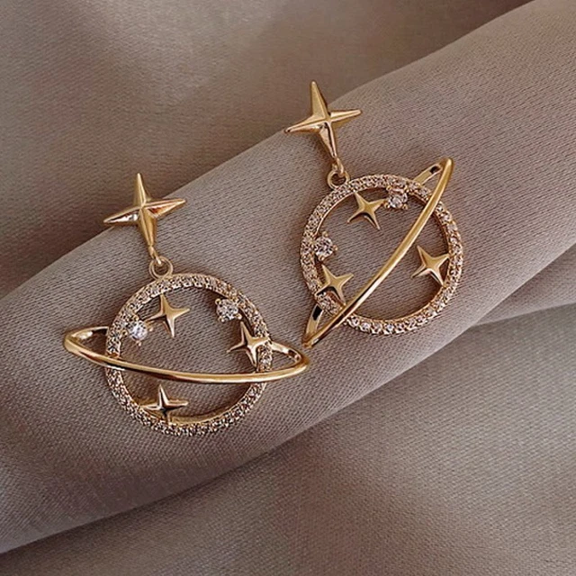 Charm Hollow Moon Star Planet Crystal Surround Earrings Women Wedding Jewelry