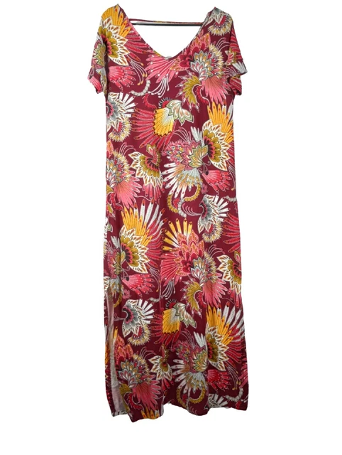 Grecerelle Ladies Sz M Red Colorful Floral Long Dress Side Cut Out