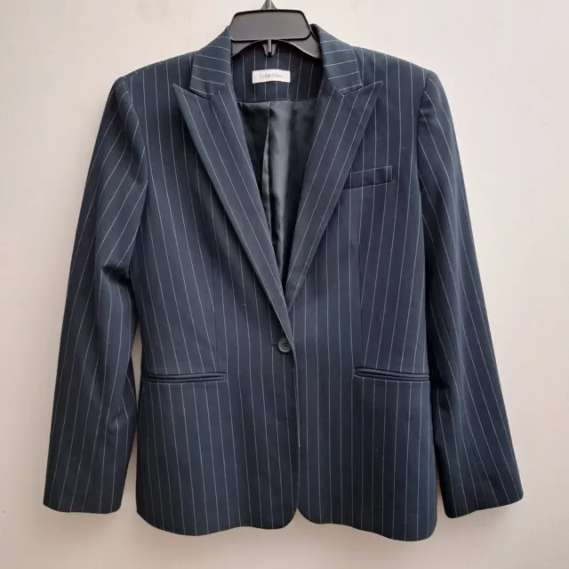 Calvin Klein Womens Blazer MED Blue White Pinstripe One Button Lined Jacket