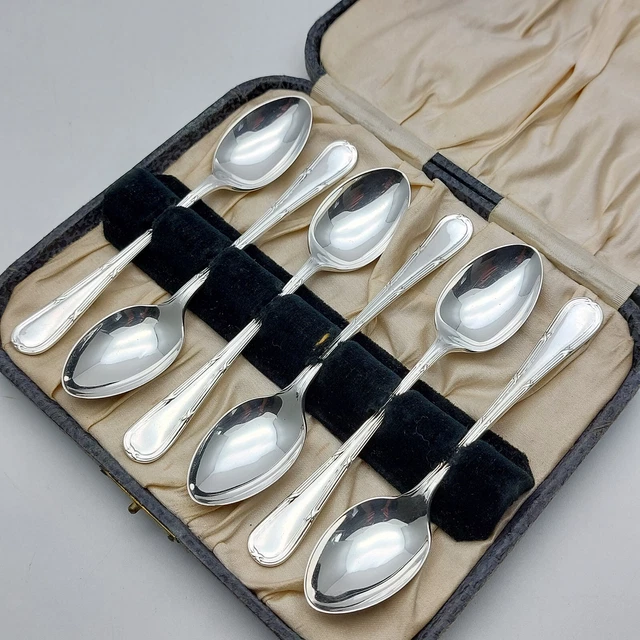 Cased Sterling Silver Coffee Spoons - Reed & Ribbon - Dixon 1933 - Vintage