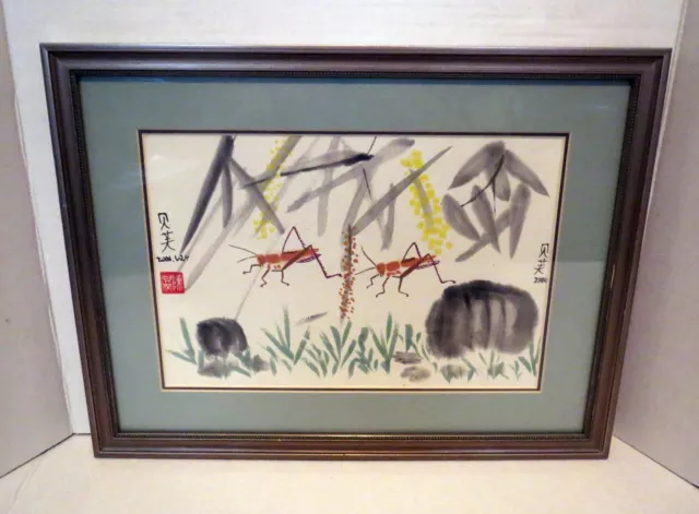 Signed Antique Chinese  GRASSHOPPER BUG PAINTING Ink Scroll 2