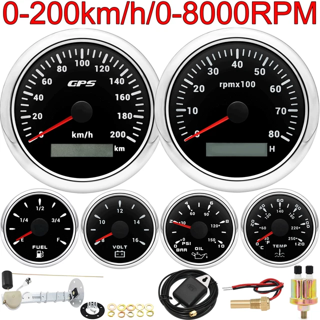 6 GAUGE SET 85mm Boat GPS Speedometer 200km/h with Tachometer Fuel Oil