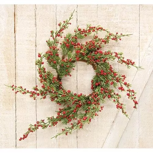 New Primitive Farmhouse Christmas CEDAR PINE RED BERRY CANDLE RING Wreath 4"