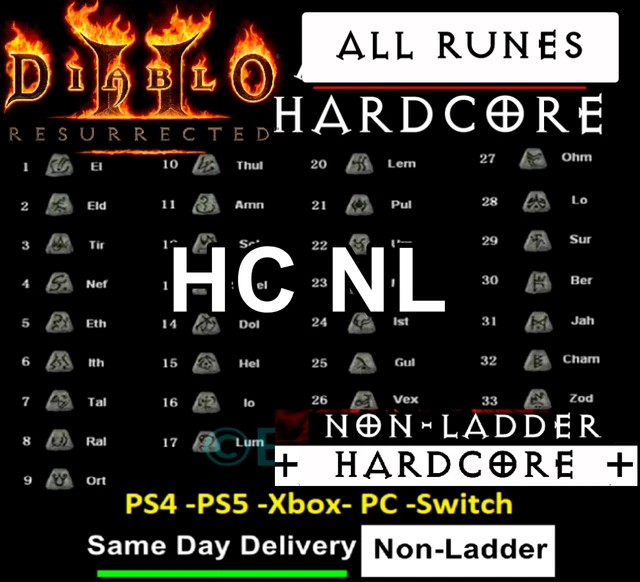 HC NL - HARDCORE ALL RUNES HR RUNEN PC-XBOX-PS4-PS5-SWITCH Diablo 2 Res ...