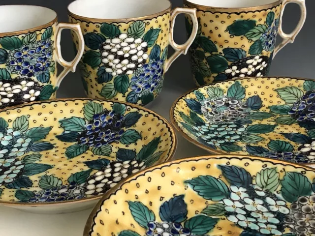 Set Of 3 Antique Saiko-Kutani Yashidayo Japanese Porcelain Cup & Saucer 19th C