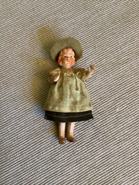 Antique German Painted Bisque Porcelain Dollhouse Doll Jointed Arms & Legs 4”