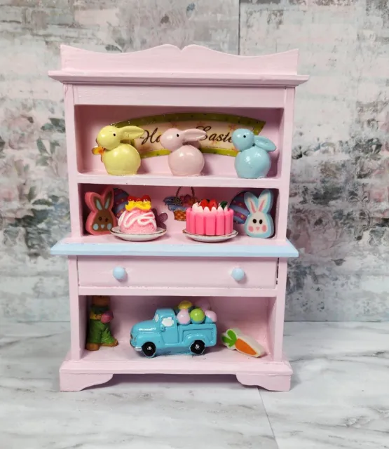 Dollhouse Easter Cabinet Hutch Cupboard 1:12 Scale Wood  OOAK pink and blue