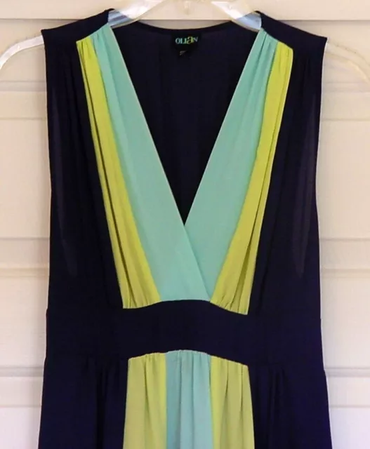 Blue & Lime OLIAN Maxi Maternity Dress Deep V Neckline Lined Pockets M-Tall 3