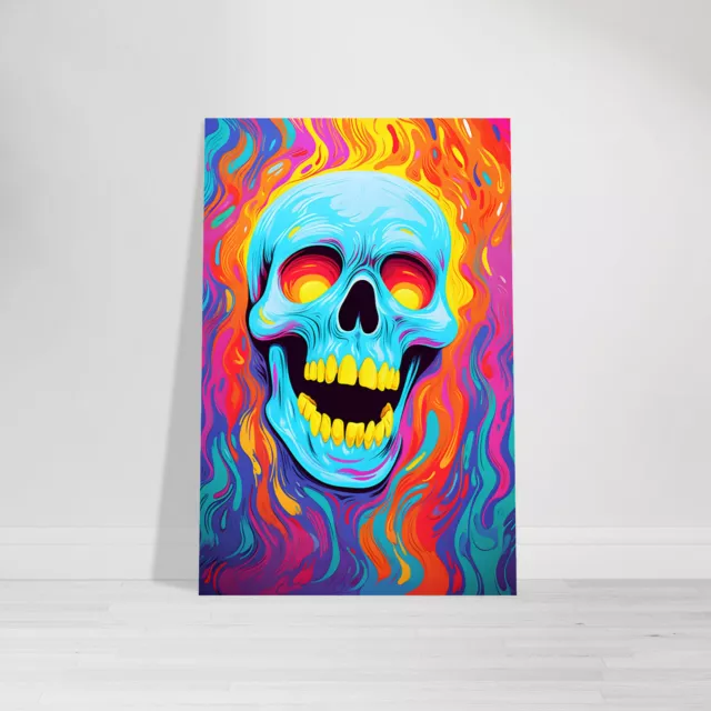 Totenkopf Leinwand Pop Art Wandbild Buntes Poster Bild Schädel Skelett Blau Bunt