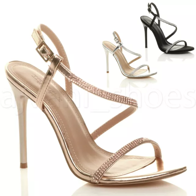 Womens Ladies High Heel Diamante Barely There Strappy Evening Sandals Size