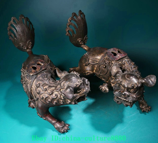 9,8 POUCES VIEILLE statue en bronze Feng Shui Fu chien garde Lion