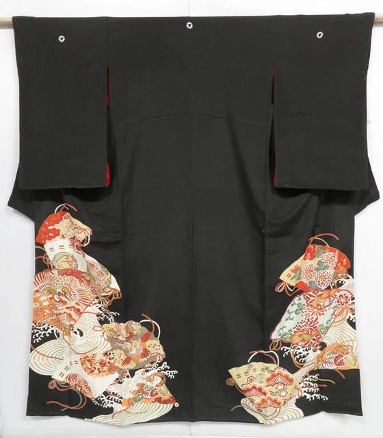 0907i04z610 Vintage Japanese Kimono Silk TOMESODE Black Folding fan