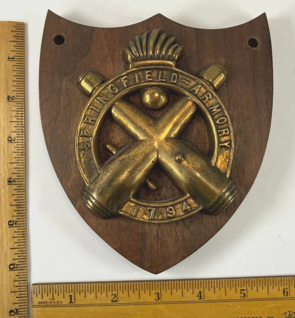 Vtg. Springfield Armory Brass or Bronze Emblem Mounted on Wooden Plaque Shield