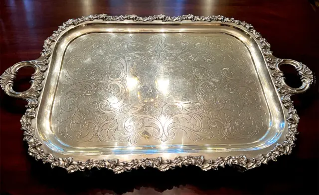 1890s Barker Brothers Large Silver-Plated 29" Heavy Ornate Serving Tray Footed