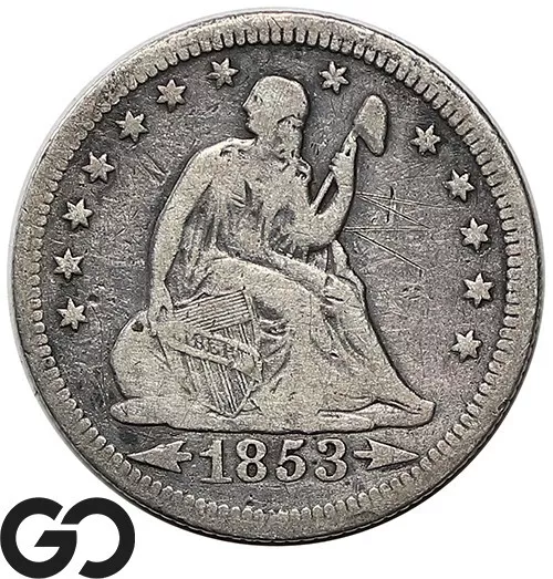 1853 Seated Liberty Quarter, Arrows, Love Token